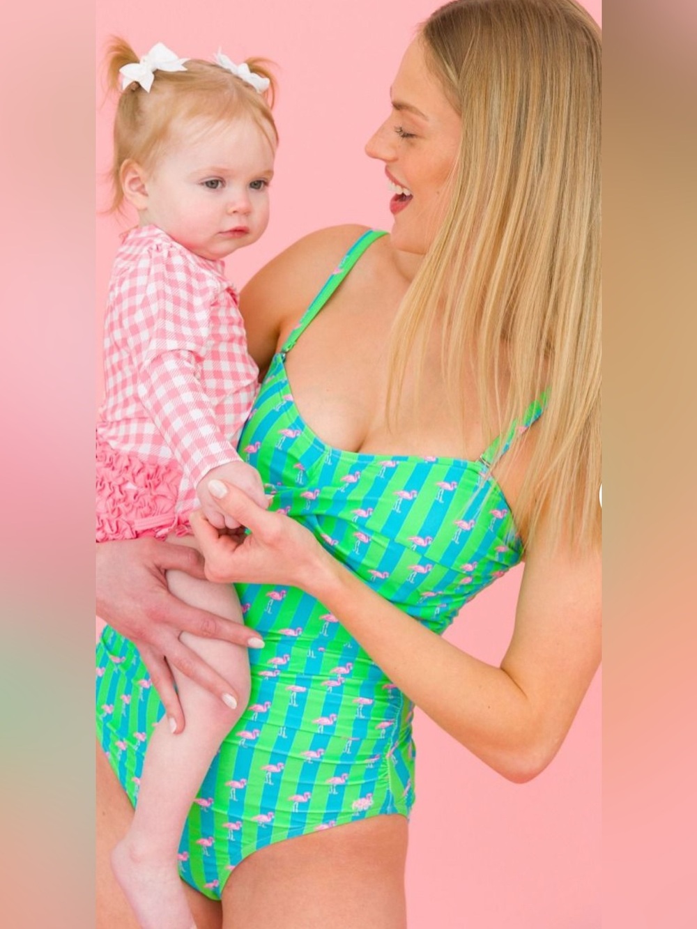 Neon Flamingo Stripe Women's Bandeau One Piece Bathing Suit by RuffleButts XXL